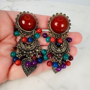 Vintage Bohemian Dangle Earrings Clip On Red Cabochon Multi Color Beads Gypsy